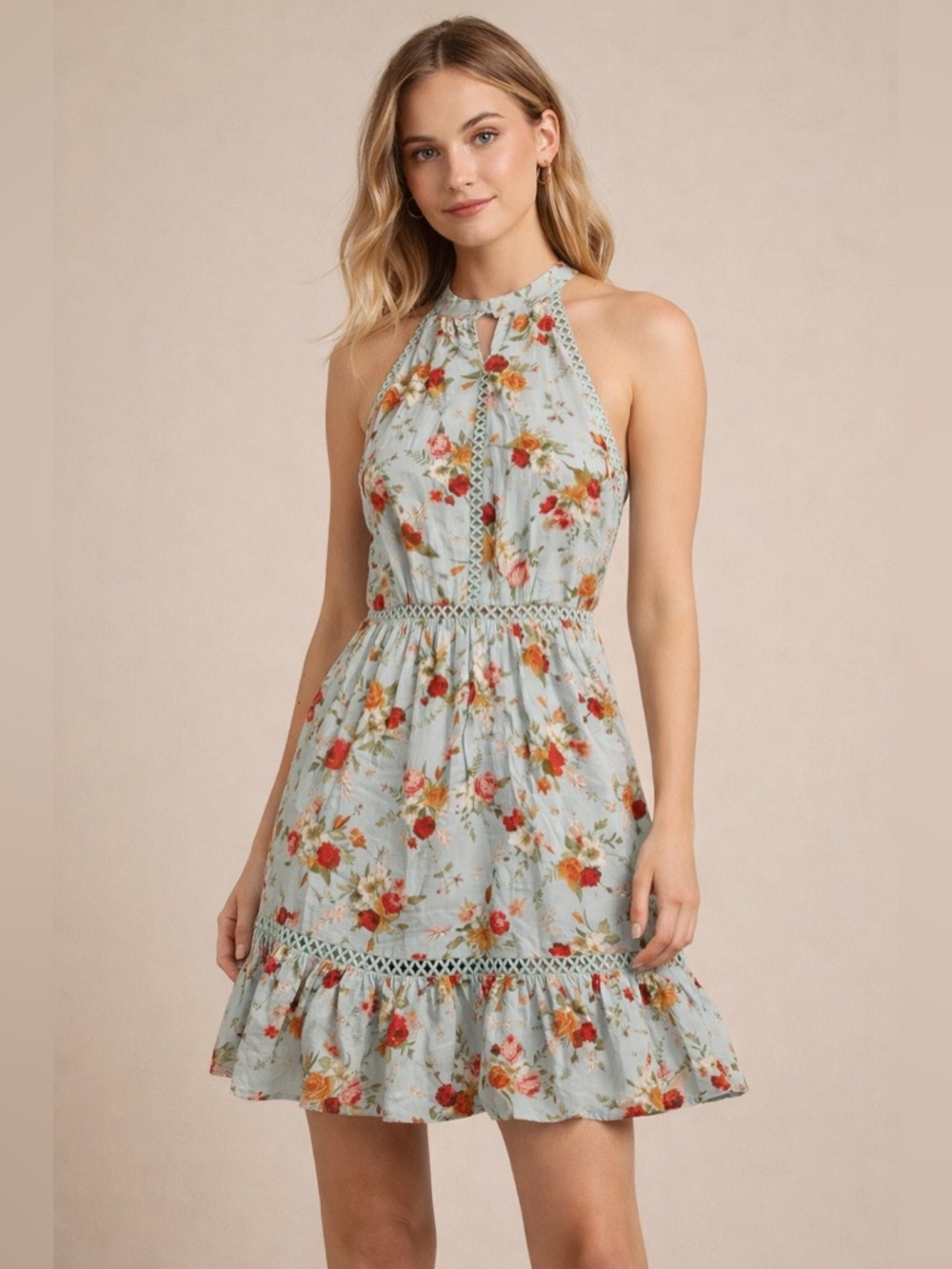 Chic Floral Halter Mini Backless Dress vacay tropical beach
